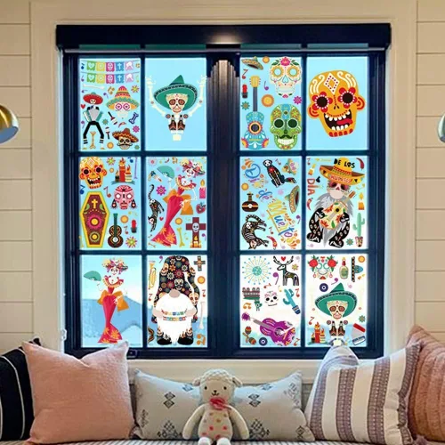 Vista 5 de El Día de los Muertos se aferra para ventanas de cristal, calcomanías de calavera, guitarra, fiesta mexicana, fiesta fantasma, novia y novio