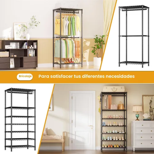 Vista 5 de Ulif E13 Perchero de Ropa de Servicio Pesado (Con 4 Barras Colgadoras y 8 Estantes) Percheros Independientes para Colgar Ropa, Organizador de Closet