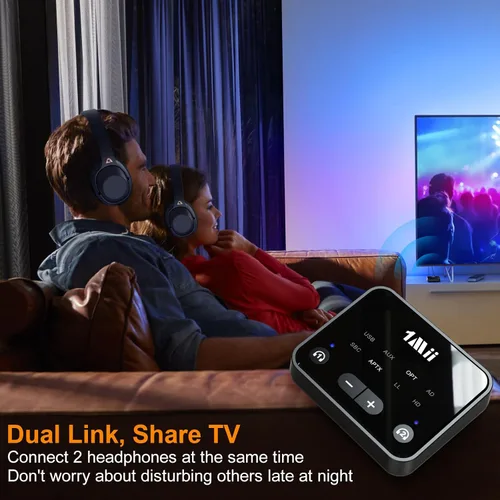 Vista 2 de 1Mii Transmisor Bluetooth 5.3 para TV a 2 auriculares inalámbricos, adaptador Bluetooth de largo alcance de 100 pies para TV aptX Adaptive y control