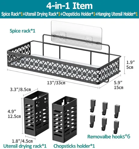 Vista 3 de Estante de especias colgante para montaje en pared, estante organizador de especias sobre estufa con soporte para utensilios para colgar