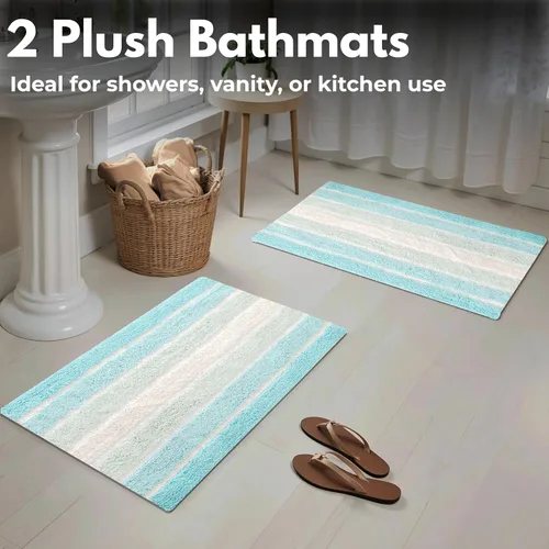 Vista 3 de Ramanta Home Juego de 2 alfombras de baño de algodón a rayas alpinas – Alfombra de baño 100% algodón – 21 x 32 / 17 x 24 – Suave absorbente lavable