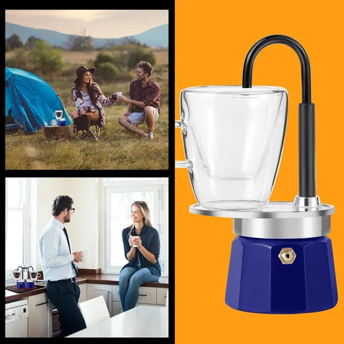 Vista 6 de Mini Express Swiss Single Tube Moka Pot Aluminio Azul, El juego de moka incluye una taza de doble pared de 3 onzas, disfruta de un delicioso café
