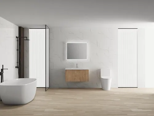 Vista 2 de Tocador de baño montado en la pared de 36 pulgadas con fregadero de resina, tocador flotante con puertas de cierre suave, gabinete de baño