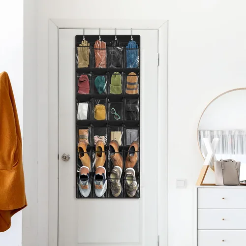 Vista 8 de Simple Houseware - Organizador de zapatos colgante con 24 bolsillos grandes y transparentes para colgar en la puerta, color negro