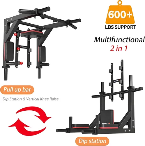 Vista 9 de HAKENO Multifunctional Wall Mounted Pull Up Bar/Chin Up bar,Dip Station for Indoor Home Gym Workout,Power Tower Set Gym Equipment 800LBS