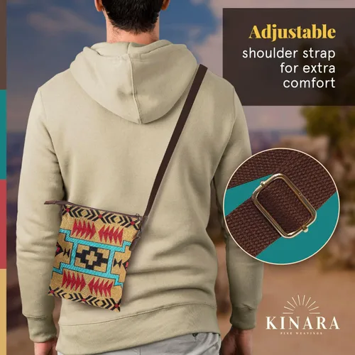 Vista 3 de Kinara Bolso cruzado tejido, diseño nativo americano del suroeste, patrón hermoso y único, tejido fino, elegante y funcional