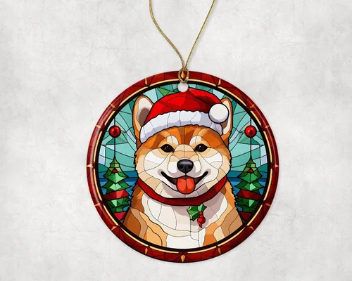 Vista 3 de Shiba Inu - Adorno de cerámica de vitrales de Navidad, decoración para colgar en el árbol, regalo religioso para perros para cristianos impreso