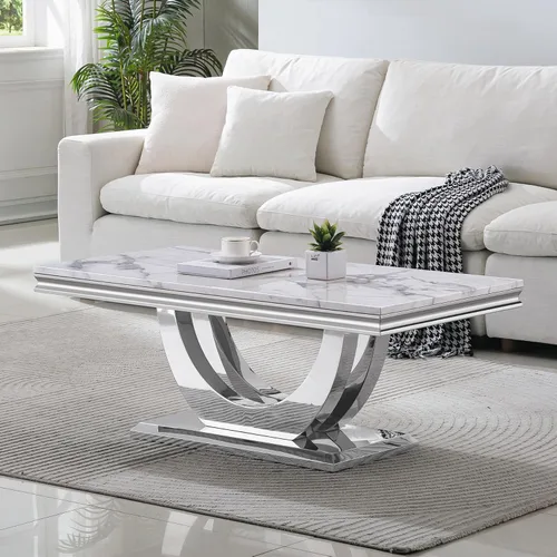 Vista 55 de SSLine Mesa de Centro Rectangular de Mármol Sintético para Sala de Estar, Mesa Central Moderna de Mármol Blanco de Lujo con Base Doble en Forma de U