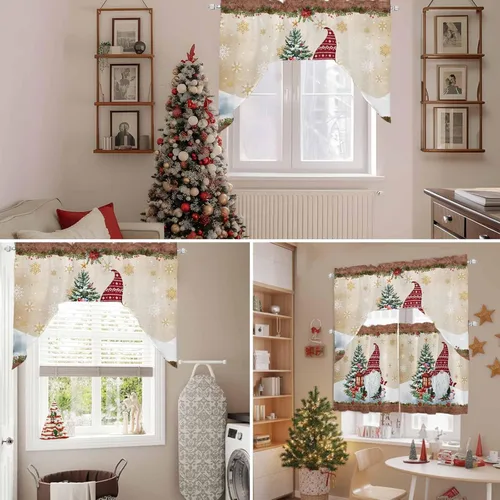 Vista 7 de Cortinas de cocina con cenefa de gnomos de granja, cenefa con bolsillo para barra, paneles de cortina para dormitorio, sala de estar, baño