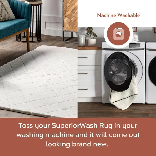 Vista 3 de Nuloom SuperiorWash Amy White, 5 x 8 pies, pelo esponjoso, suave y esponjoso, alto tráfico, resistente a las manchas, duradero, lavable a máquina