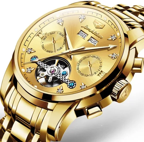Vista 2 de JSDUN Relojes para hombre automático de cuerda automática, reloj de pulsera mecánico, multicalendario, acero inoxidable, mes, fecha, semana