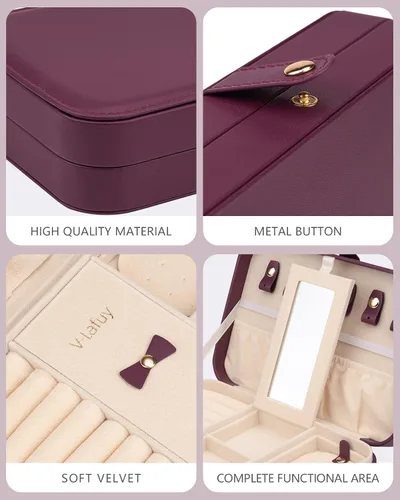 Vista 7 de V-LAFUY Organizador de viaje de joyería caja de joyería de viaje portátil pequeño estuche de joyería de viaje con espejo caja de joyería pequeña
