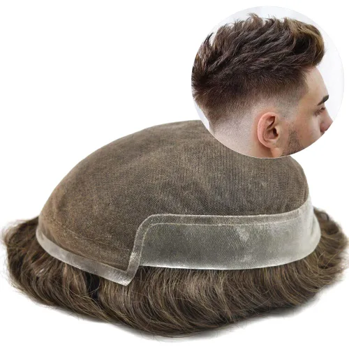 Vista 55 de Tupé de encaje suizo para hombres, piezas de cabello humano real, encaje frontal, sistema de reemplazo de cabello tipo tupé, nudo blanqueado, línea