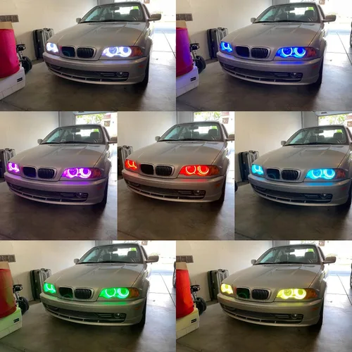 Vista 3 de iJDMTOY Juego de 4 anillos de halo LED RGB de 7 colores con ajuste ajustable compatible con BMW E39 E46 3 5 7 Series Xenon Trim