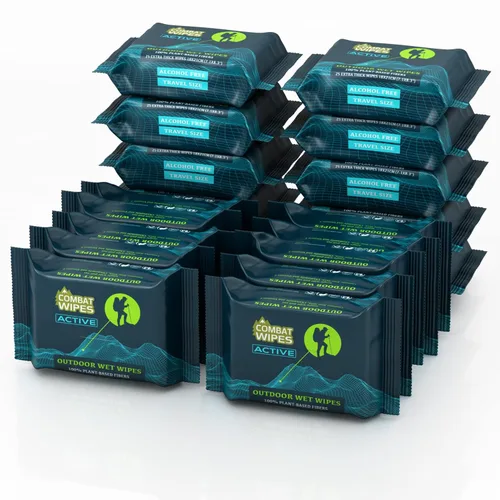 Vista 10 de Combat Wipes ACTIVE - Toallitas húmedas para exteriores, equipo de campamento extra grueso, biodegradable, limpieza corporal y de manos, paños
