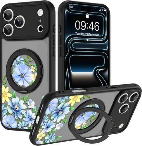 Vista 66 de OOK Funda magnética para iPhone 13 Pro Max [compatible con MagSafe] Funda delgada translúcida mate con flor silvestre negra, protección para lente