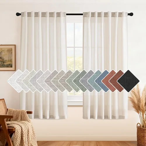 Vista 48 de H.VERSAILTEX Cortinas de lino natural de 63 pulgadas de largo para sala de estar, 2 paneles con trabillas traseras y bolsillo, texturizadas