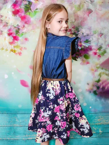 Vista 5 de YJ.GWL Vestido occidental para niñas, vestido de mezclilla para niña, vestidos de princesa para niñas, vestidos de fiesta para niñas de 3 a 14 años