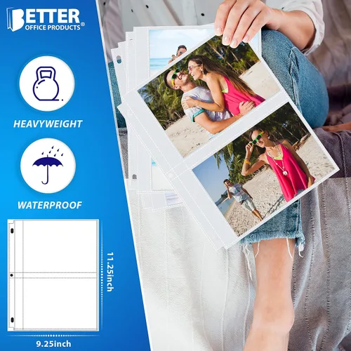 Vista 6 de Better Office Products Hojas de repuesto para álbumes, 5 x 7 pulgadas, pesadas, de 3 anillos transparentes con 3 anillas, 100 fotos en total, cada