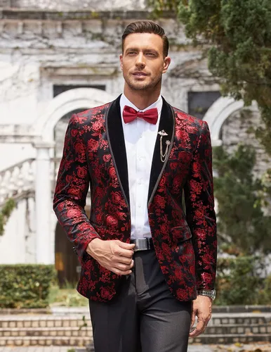 Vista 3 de COOFANDY Men's Floral Tuxedo Jacket Shawl Lapel One Button Velvet Suit Jacket Dinner Prom Party Wedding Blazer