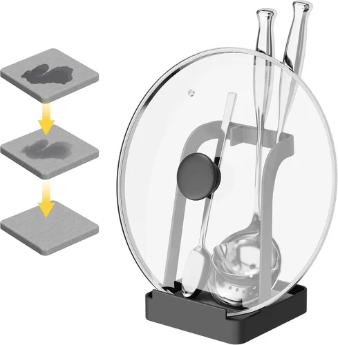 Vista 9 de NiHome Soporte para tapa de olla grande y soporte para cuchara con bandeja de goteo extraíble, organizador de encimera de cocina de hierro negro