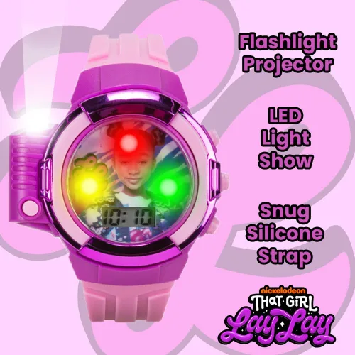 Vista 4 de That Girl Lay Lay - Reloj LCD con linterna para niños, diseño rosa y morado, pantalla digital, función iluminada, correa ajustable, construcción