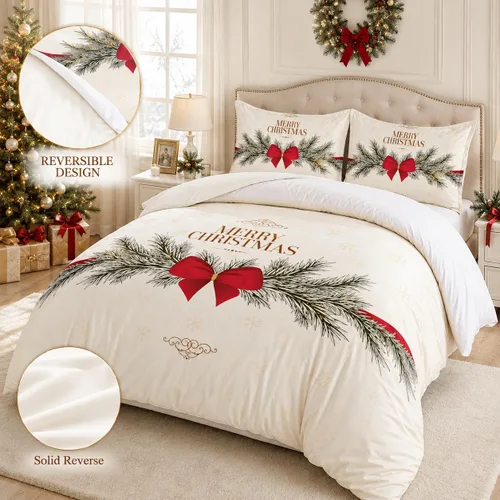 Vista 4 de Juego de funda de edredón de Navidad 3D, fundas de edredón y fundas de almohada con patrón de lazo rojo, juegos de ropa de cama de color pulido Chri