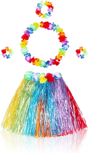 Vista 8 de Fortuning's JDS Falda hawaiana de hierba hula para niña, con flores elásticas a juego, juego de disfraz para fiesta de playa tropical Luau Azul