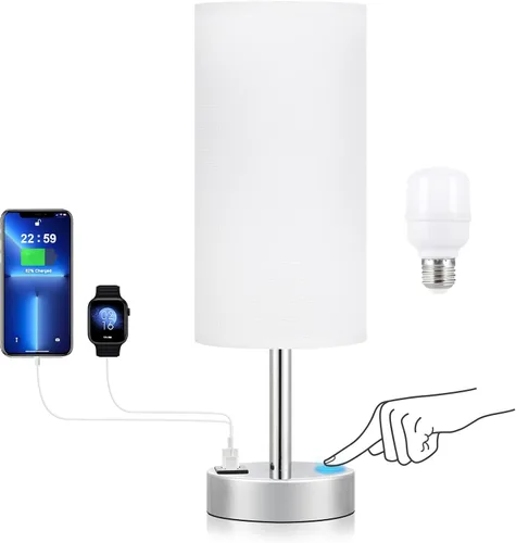Vista 9 de Dicoool - Lámpara de mesa táctil para mesita de noche de dormitorio - Lámpara de noche con puertos de carga USB-C y USB-A, blanca, lámpara de Metal