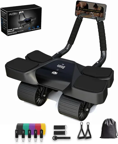 Vista 2 de Ab Roller - Equipo de gimnasio en casa – Rodillo muscular de 4 ruedas con pantalla LCD, 5 bandas de resistencia, correas de tobillo, anclaje