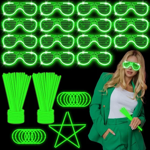 Vista 11 de 115 piezas de suministros de fiesta que brillan en la oscuridad, 100 varillas brillantes de 8 pulgadas a granel, 15 gafas, recuerdos de fiesta