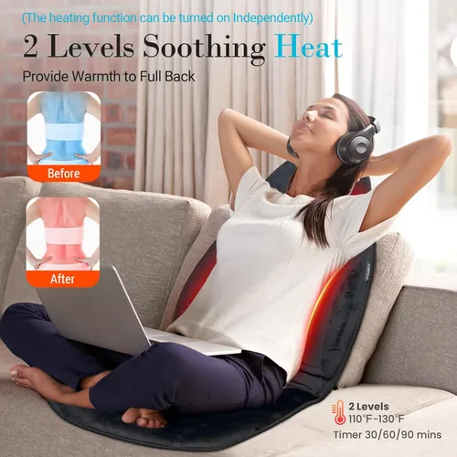 Vista 3 de Masajeador de espalda con calor, 5 modos de vibración y 2 niveles de calor, almohadilla de masaje para silla, cojín de masaje eléctrico