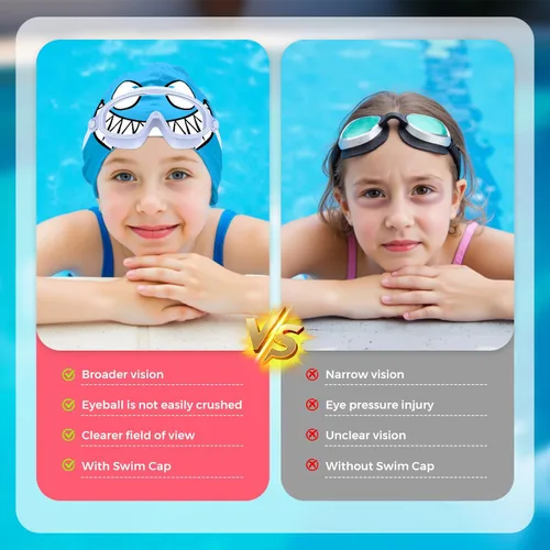 Vista 3 de Gafas de natación para niños de 3 a 8 años con gorro de natación, juego de gorras de natación con antivaho y anti-UV para niños y niñas pequeños