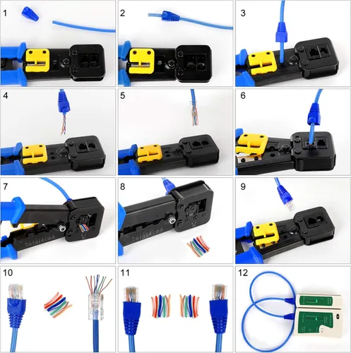 Vista 4 de Kit de Herramienta de Crimpado RJ45 Pass Thru Cat5 Cat5e Cat6 Herramienta de Crimpado RJ45 con 20 Conectores RJ45 Cat6 Pass Through, 20 Cubiertas, 1