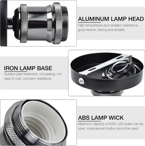 Vista 3 de Soporte de caja de salida de una pieza E26 E27 Base de porcelana Soporte de lámpara de iluminación con parte superior con cable para cocina, Negro