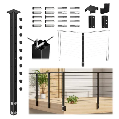 Vista 11 de Muzata Kit de barandilla de cable modular negro de 4 a 8 pies, kit de poste de 2 niveles de 36 pulgadas, sistema completo de barandilla de cable