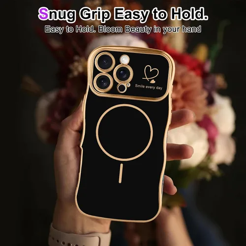 Vista 2 de Fiyart - Funda diseñada para iPhone 16 Pro, marco de onda lindo con forma rizada, corazones de amor chapados para mujeres y niñas, protección