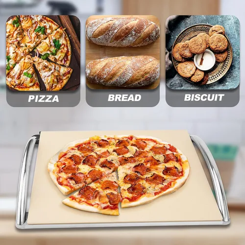 Vista 6 de Skyflame Piedra de pizza de cordierita de 16 pulgadas con estante y mango de acero inoxidable extraíble, piedra de hornear resistente para parrillas