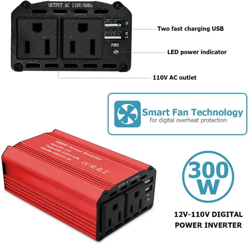 Vista 2 de Inversor de corriente para automóvil de 300 W, convertidor de voltaje de CC 12 V a 110 V CA, adaptador de corriente para cargador de automóvil