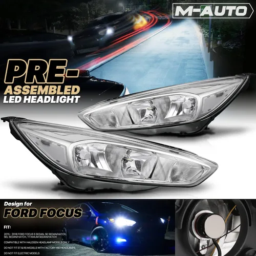 Vista 2 de M-AUTO Conjunto de faros delanteros con 4 bombillas LED premontadas de 6000 K compatibles con Ford Focus 2015-2017, carcasa cromada estilo OE, lente