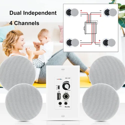 Vista 5 de Herdio Amplificador Bluetooth de pared de 4 canales Control de volumen Placa de pared USB/MIC/AUX (3.5mm) Entradas Conecta 4 altavoces con fuente