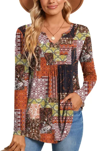 Vista 2 de CATHY Blusa tipo túnica de manga larga para mujer, cuello en V, con botones, informal, plisada, básica