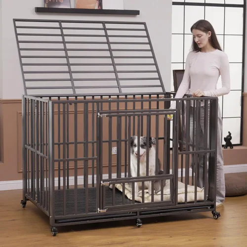 Vista 8 de Polar Aurora Jaula para perros resistente, perrera plegable e indestructible, jaula para perros extra grande a prueba de escapes con ruedas