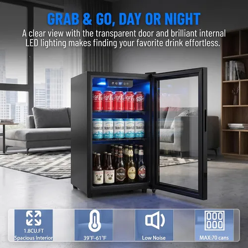 Vista 5 de Dawmilon 1.8 Cu.Ft Mini Fridge, 70 Can Beverage Refrigerator, Compact Drink Fridge with Glass Door, Adjustable Shelves, Temperature Control