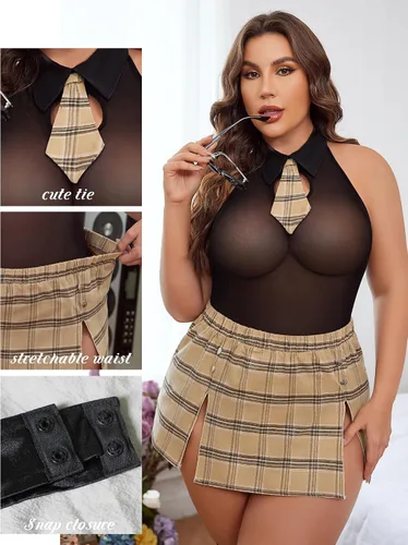Vista 2 de Avidlove Conjunto de lencería de talla grande para mujer, trajes sexys para juegos de rol, disfraz de cosplay, lencería escolar con falda a cuadros