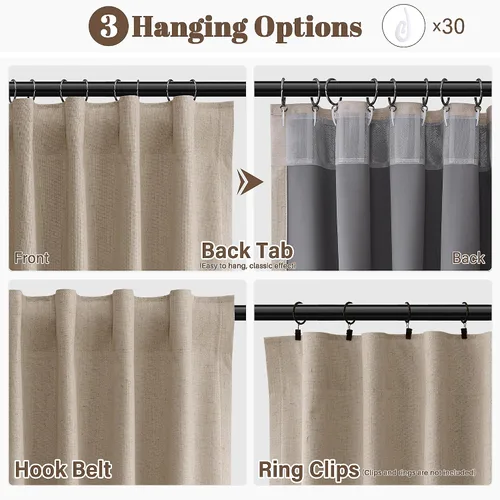 Vista 102 de Guken Cortinas opacas de lino, 2 paneles rústicos, elegantes, 100% opacas, con aislamiento térmico, banda de ganchos y trabilla trasera, 52 x 84