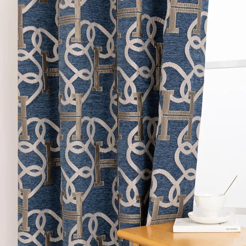 Vista 7 de Cortinas opacas modernas de letra H para sala de estar, cortina de ventana de lujo con patrón de cadena de chenilla, jacquard de 84 pulgadas