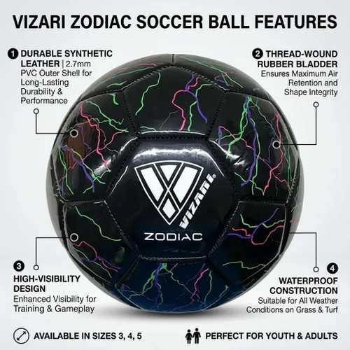 Vista 2 de VIZARI Zodiac Balón de fútbol juvenil de cuero sintético para niños, niñas y niños pequeños, diseño duradero e impermeable para entrenamiento