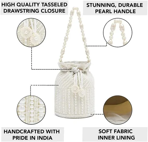 Vista 3 de Aheli Bolsas Potli blancas para mujer, bolso de noche étnico con cordón (P98W), Blanco
