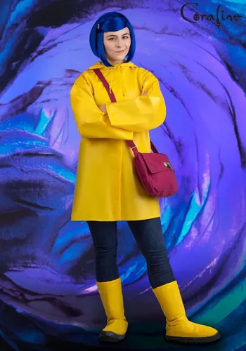 Vista 2 de Fun Costumes Adult Coraline Costume Women's Yellow Hooded Rain Jacket Outfit with Boot Covers, Blue Wig & Dragonfly Pin